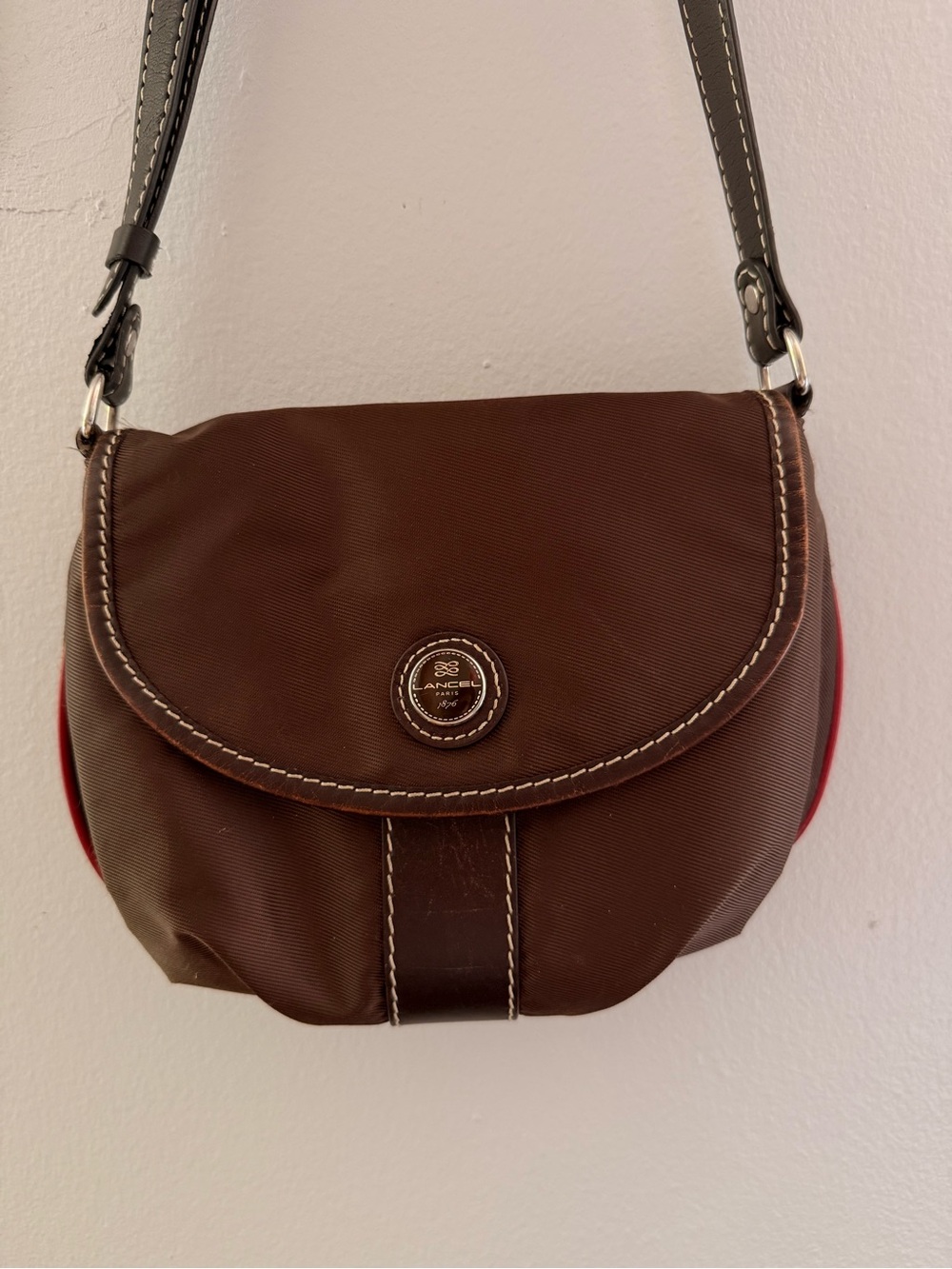 Lancel Crossbody Adjustable Straps Nylon with Leather Trim Brown Purse
